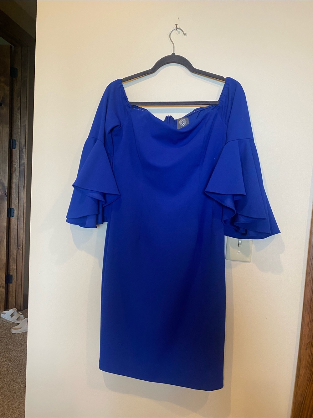 Vince Camuto Royal Blue Off-Shoulder Midi Dress with Ruffle Sleeves